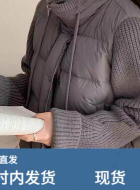 冬季新款时尚洋派设计感立领抽绳针织袖拼接百搭短款棉服外套
