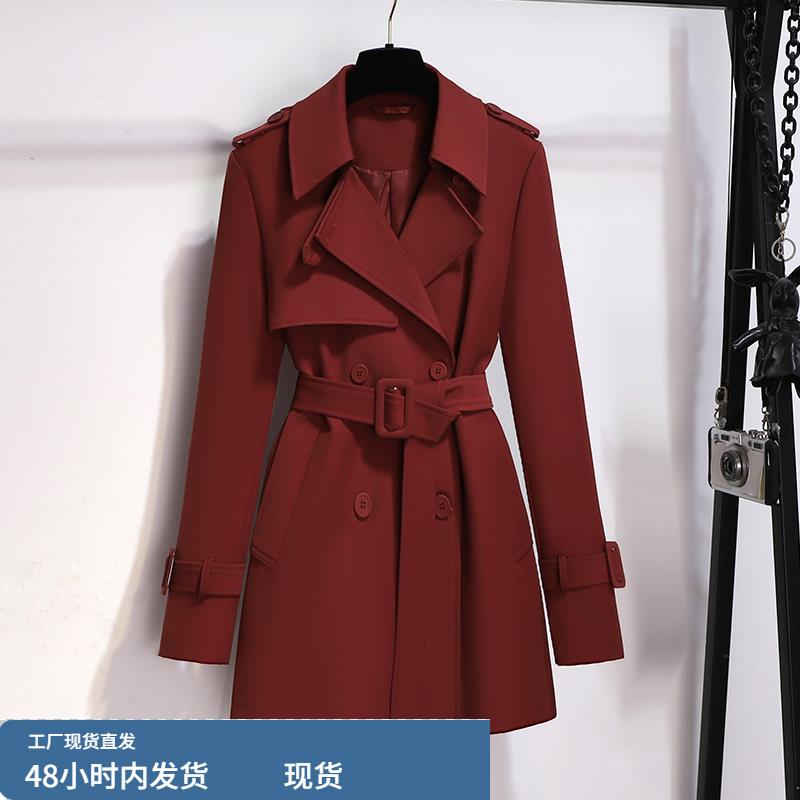 安可拉红风衣女款2024新款春秋季中长款高级感超好看红色外套大衣