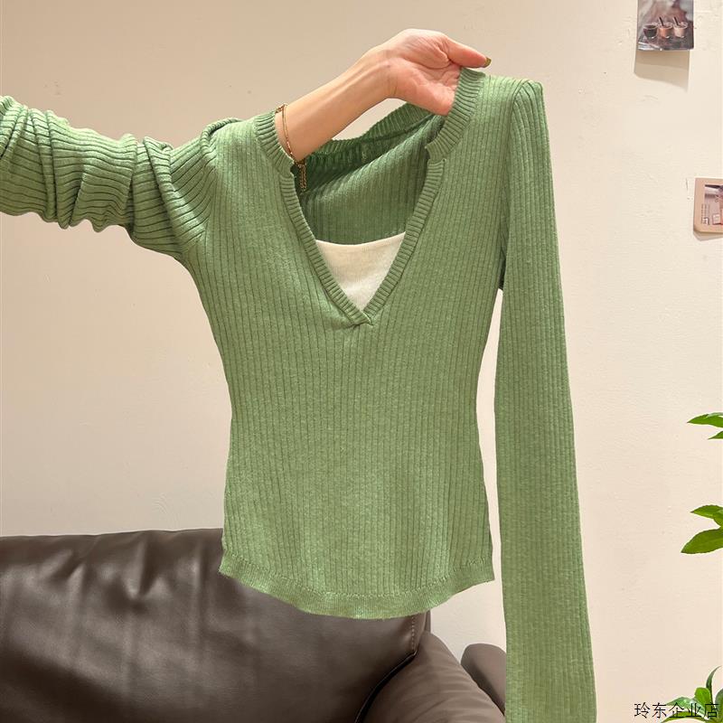 温柔风假两件V领打底衫长袖针织衫女2025秋季拼接撞色设计感上衣