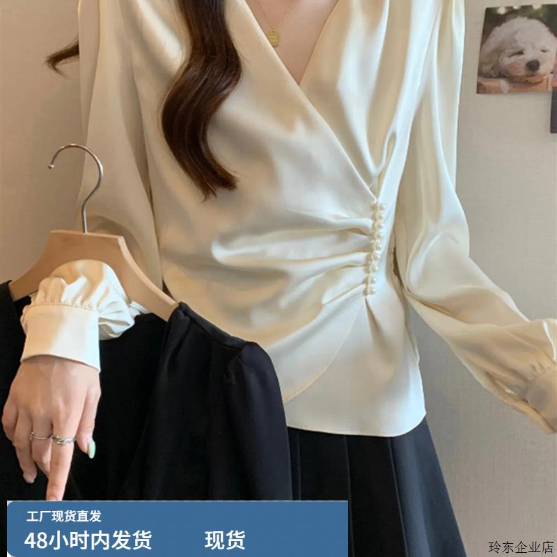 大码女装2025新款秋季高级小众不撞衫上衣不规则钉珠掐腰缎面衬衣