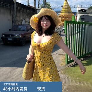 大码胖妹妹度假风碎花方领系带收腰短裙女夏季新款海边旅游连衣裙