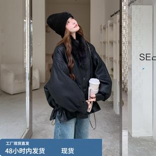 黑色皮衣羽绒服女2025冬季甜酷炸街巨好看带毛领荷叶边白鸭绒外套
