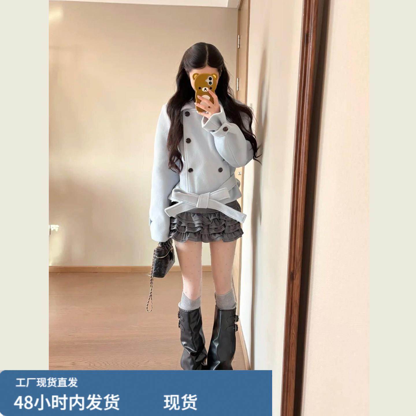 温柔风蓝色短款呢子大衣女秋冬季小个子双排扣腰带短款毛呢外套,运动/瑜伽/健身/球迷用品,广场舞套装,淘宝优惠券,粉丝福利购,淘宝优惠卷