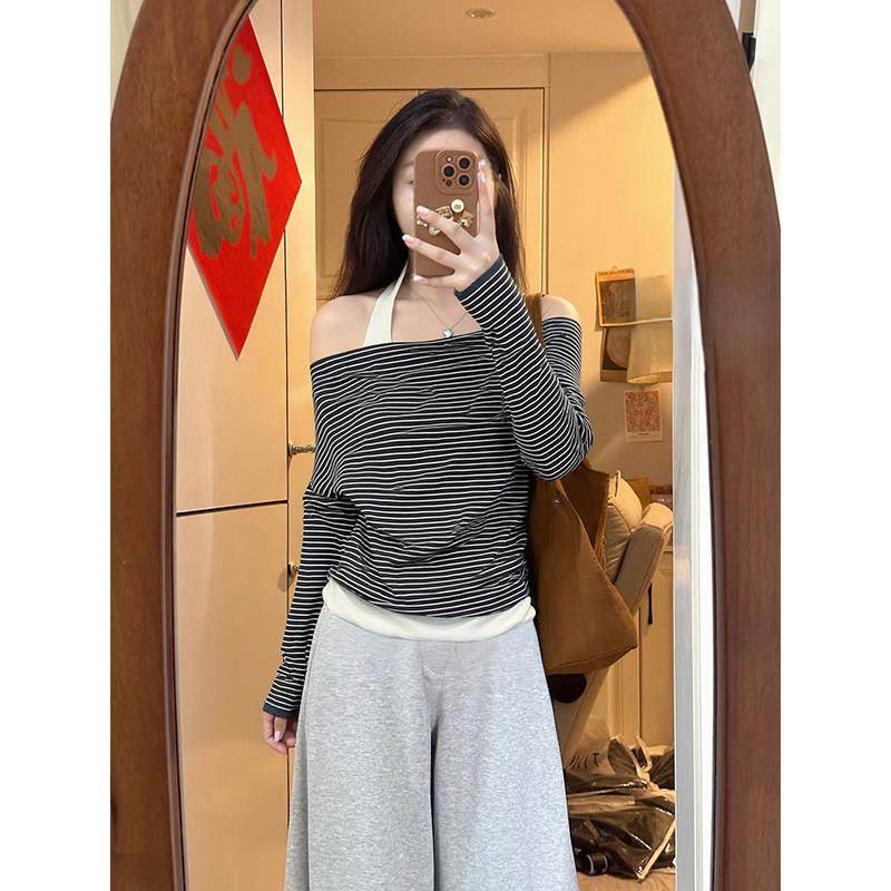 时尚条纹挂脖一字肩长袖针织衫女秋季修身显瘦露肩背心假两件上衣,女士内衣/男士内衣/家居服,睡衣上装,淘宝优惠券,粉丝福利购,淘宝优惠卷
