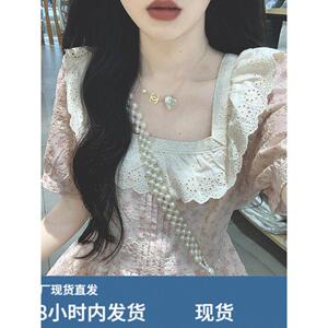 茶歇法式刺绣碎花连衣裙女夏蕾丝方领气质收腰仙女温柔风初恋长裙