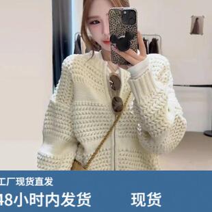 圆领拉链针织开衫女秋冬季上衣加厚韩系慵懒风高级感时尚毛衣外套