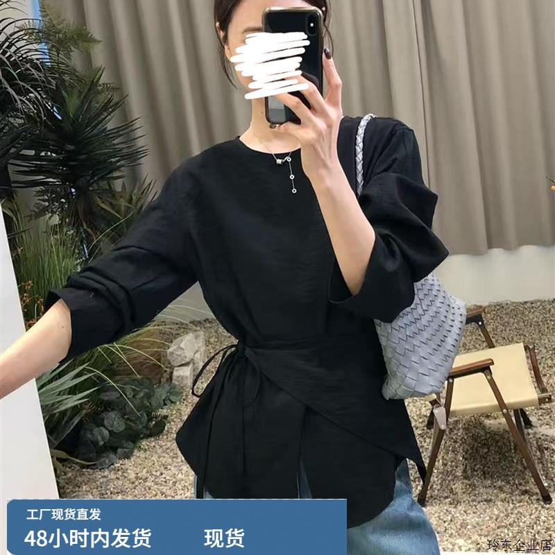 法式气质黑色圆领绑带收腰衬衫女早秋新款休闲高级感显瘦长袖上衣