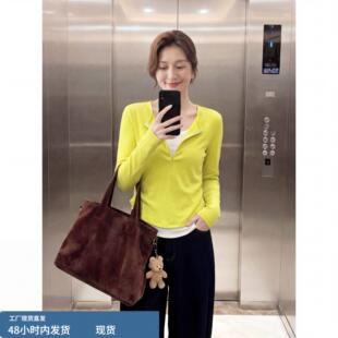 韩系荧光黄拉链假两件针织衫女春秋季设计感显瘦减龄百搭洋气上衣