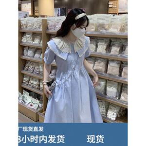 学院风蓝色娃娃领连衣裙女夏季2025新款少女小个子初中学生衬衫裙