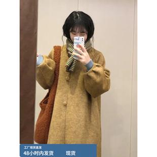 覆古秋叶黄灯笼袖毛呢外套女秋冬季新款韩系小个子中长款呢子大衣