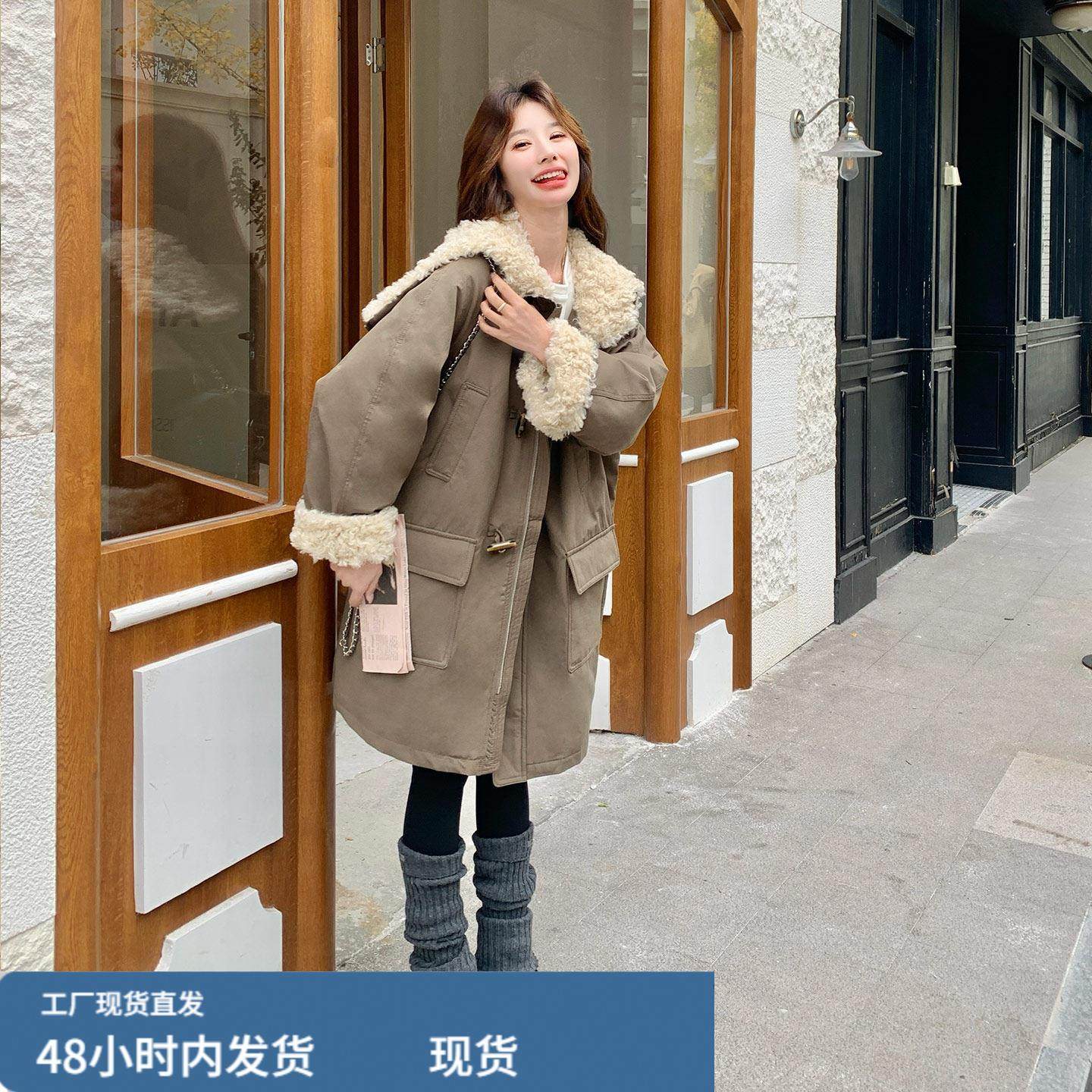 卡其色羊羔毛拼接连帽羽绒外套女2025冬季复古工装风牛角扣风衣外,模玩/动漫/周边/娃圈三坑/桌游,Cosplay女装/cos女装,淘宝优惠券,粉丝福利购,淘宝优惠卷
