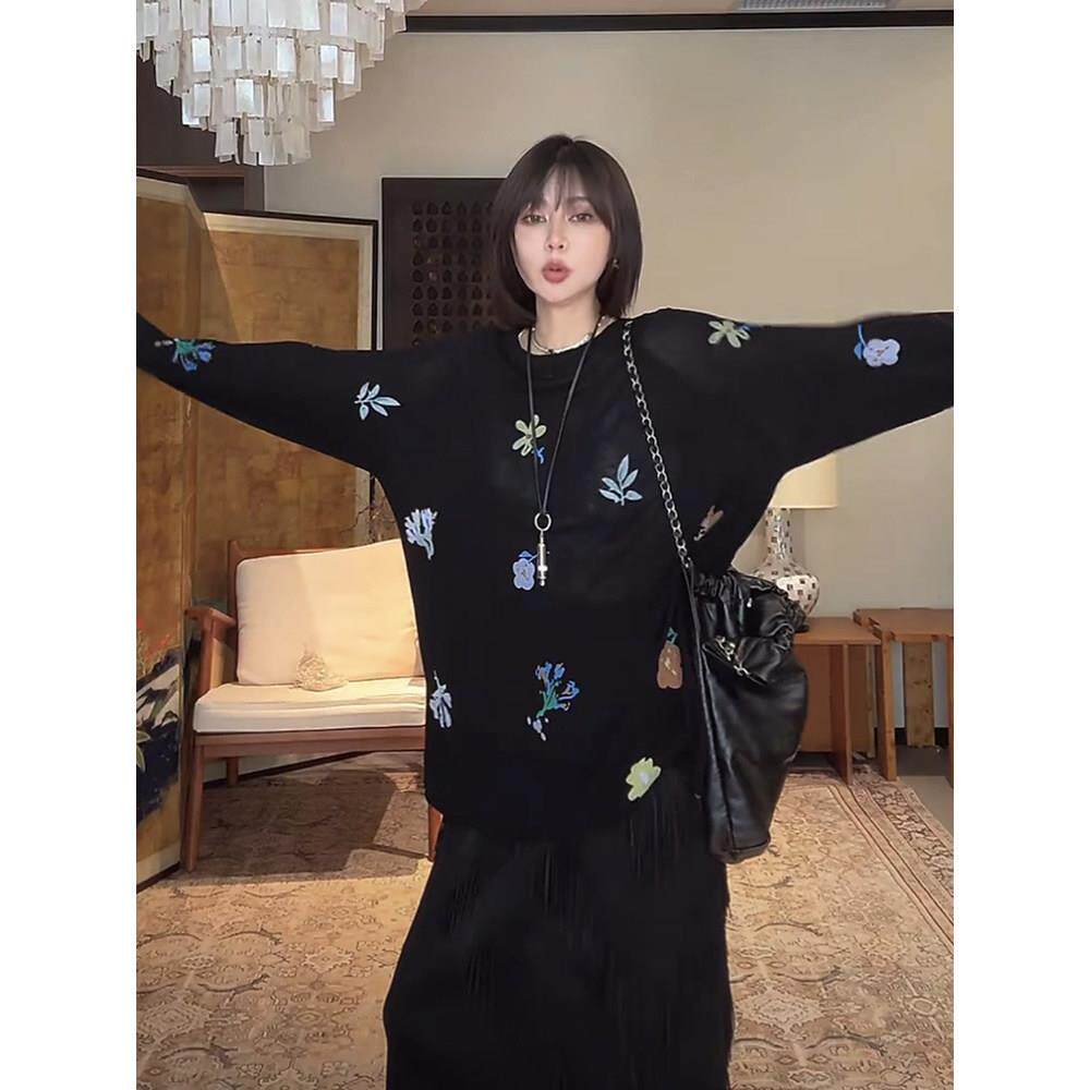 港风复古风黑色圆领花卉印花上衣女夏新款宽松百搭设计感小众罩衫