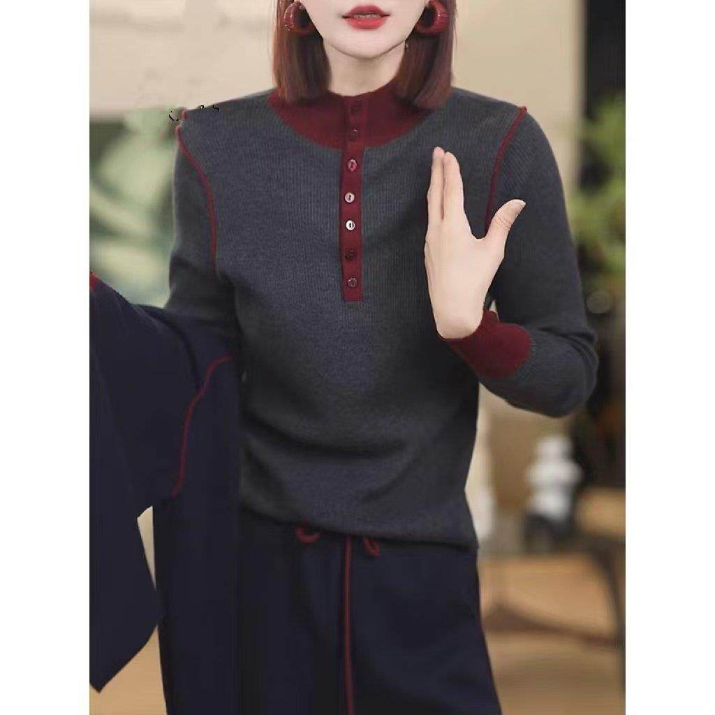 欧货好看百搭半高领套头打底衫秋冬洋气减龄撞色半排扣针织毛衣女,女装/女士精品,羊绒衫,淘宝优惠券,粉丝福利购,淘宝优惠卷