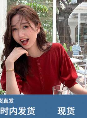 春装复古港风chic短袖t恤女夏季修身半袖泡泡袖冰丝针织衫上衣女
