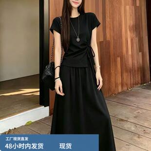 大码女装时尚减龄套装女夏季胖妹妹洋气系带短袖上衣半身裙两件套