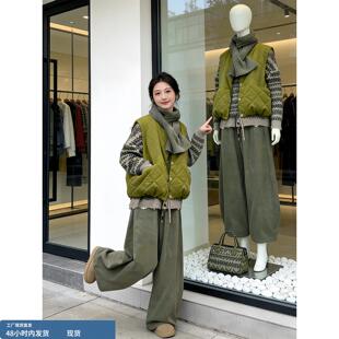 韩风chic一整套慵懒松弛感独特漂亮复古马甲上衣裤子三件套装25冬