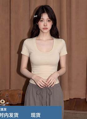 2026夏季辣妹风修身显瘦U领露脐短袖T恤女后背露腰纯欲风透气上衣