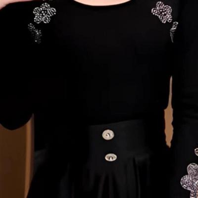 2025早秋黑色重工烫钻蕾丝打底衫女长袖镂空修身显瘦高级感上衣