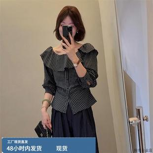2025新款 韓系一字肩荷葉邊格子長袖 襯衫 早秋女裝 上衣 獨特漂亮小衫