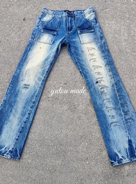 『现货』Undercover 06ssT期眼睛印花牛仔裤 做旧脏污水洗蓝牛
