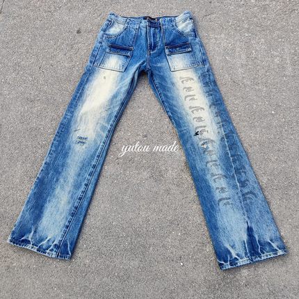 『现货』Undercover 06ssT期眼睛印花牛仔裤 做旧脏污水洗蓝牛