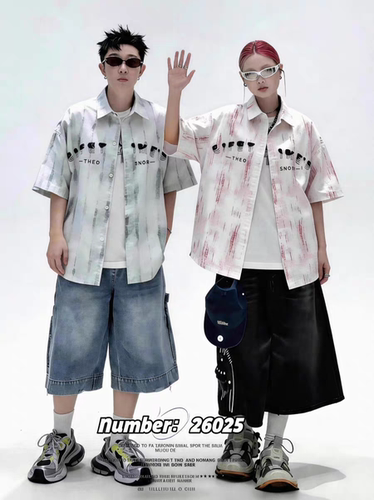 美式高街风2026夏季新字母印花短袖衬衫男女宽松翻领潮流百搭衬衣