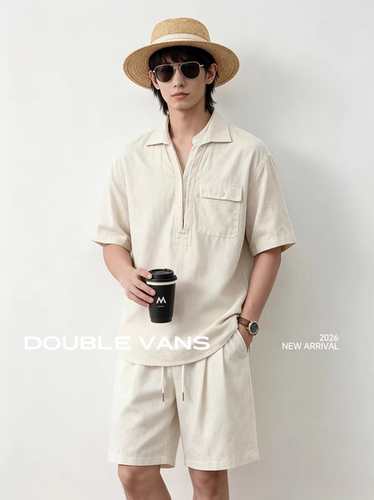 老钱风亚麻料休闲套装男夏季短袖衬衫短裤两件套简约透气时尚套装