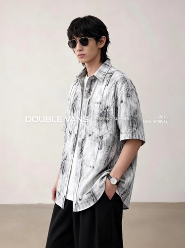 宽松百搭2026夏季新款男扎染日常短袖衬衫潮流透气衬衣设计感外套