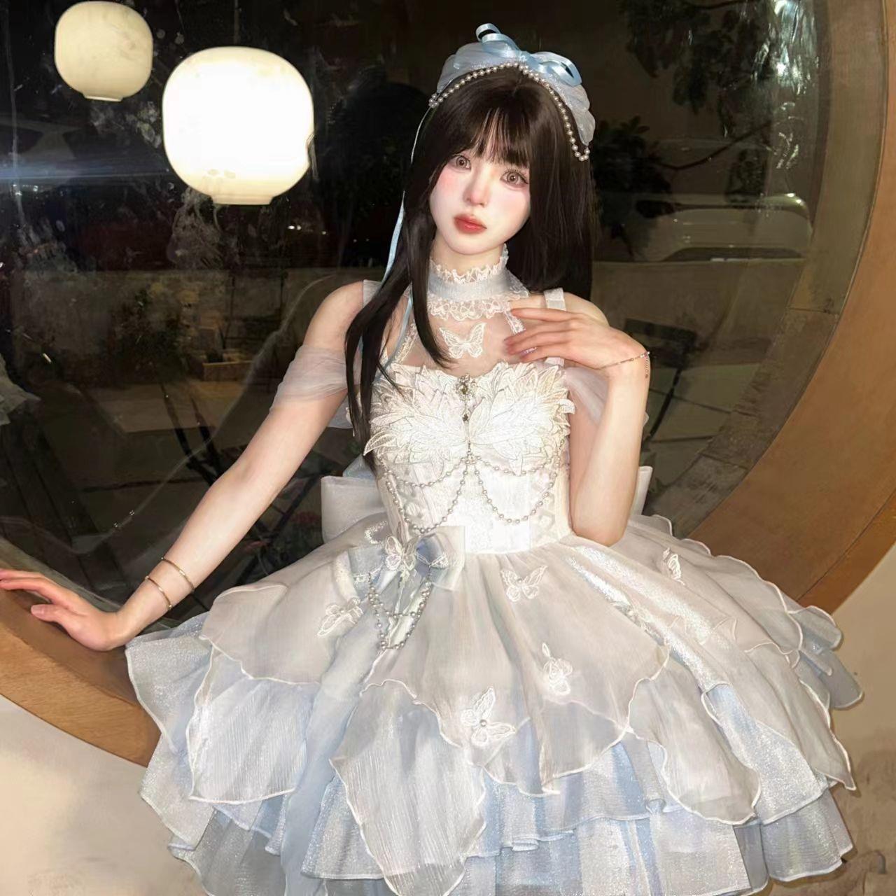 现货【天鹅湖】韩版收腰lolita礼服显瘦蝴蝶洛丽塔蓬蓬裙约会套装