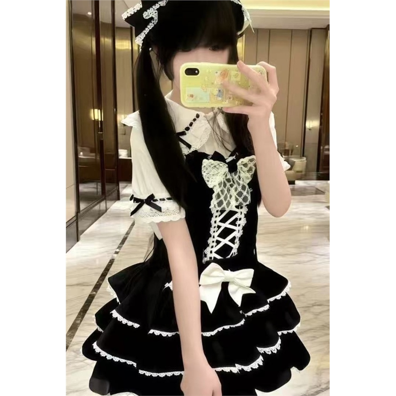 可爱少女萌衬衣lolita古早昭和蛋糕三层裙摆背带裙衬衫洛丽塔内搭