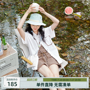 紫涵竖条纹短袖衬衫女士夏季新款美式户外风休闲百搭宽松白色上衣