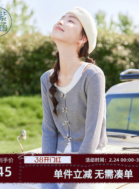 紫涵短款灰色假两件针织T恤女秋季新款甜美蕾丝花边长袖套头上衣