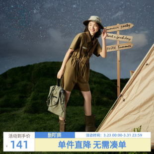 风连体裤 休闲连衣短裤 女夏季 小个子宽松收腰时尚 新款 紫涵复古工装