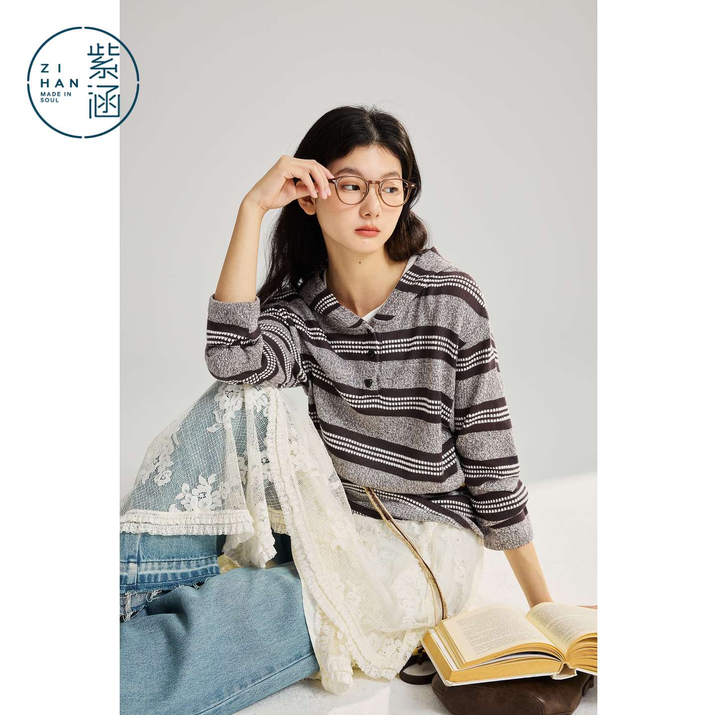 紫涵条纹撞色连帽针织衫女2026年春季新款宽松慵懒风软糯毛衫上衣