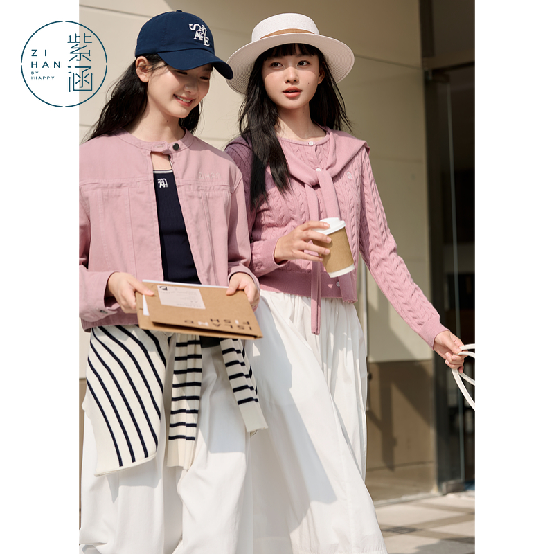 紫涵麻花圆领针织开衫女春秋季新款甜美修身显瘦内搭休闲刺绣毛衣