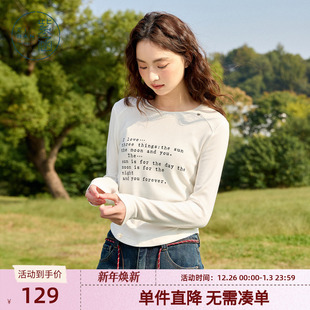 修身 新款 显瘦内搭抽褶百搭上衣 T恤女春秋季 紫涵圆领字母印花长袖