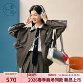 紫涵翻领pu皮衣外套女2026年春季 新款 复古两侧蝴蝶结宽松夹克上衣