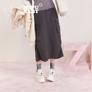 紫涵中长款直筒工装裙女冬季新款灰色保暖简约时尚显瘦开叉半身裙