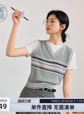 紫涵假两件灰色条纹短袖针织衫女夏季新款学院风撞色拼接圆领T恤
