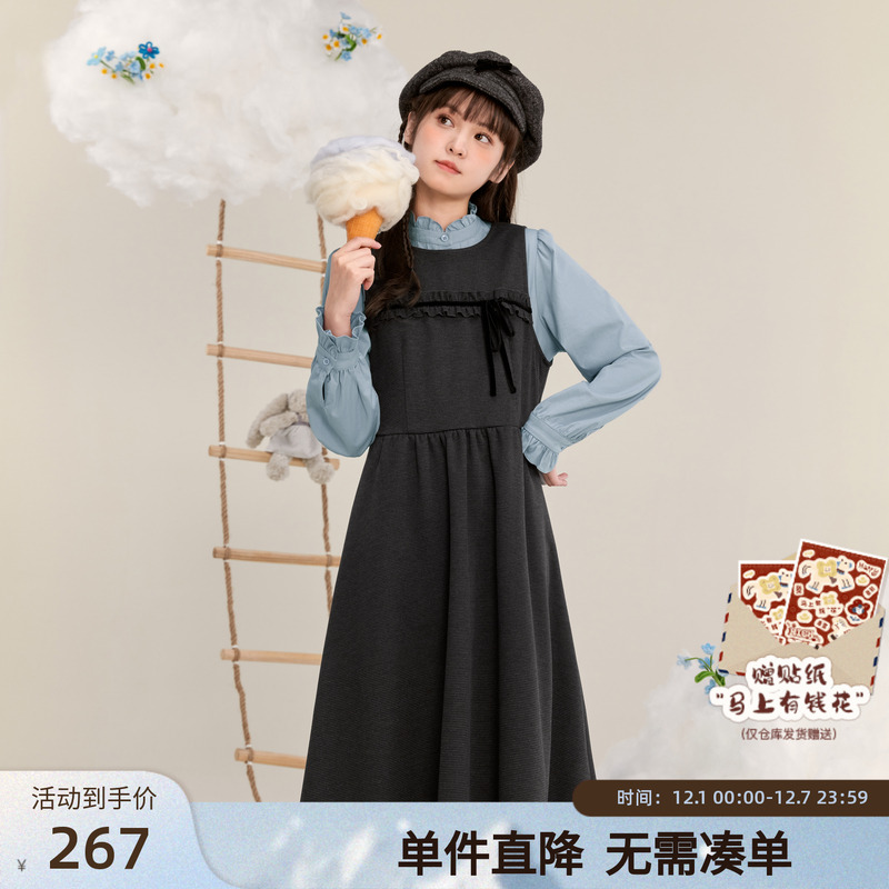 紫涵无袖背心连衣裙女冬季新款蝴蝶结甜美学院风叠穿中长款a字裙