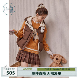 紫涵短款撞色连帽无袖羽绒马甲女士冬季新款宽松休闲鸭绒夹克背心