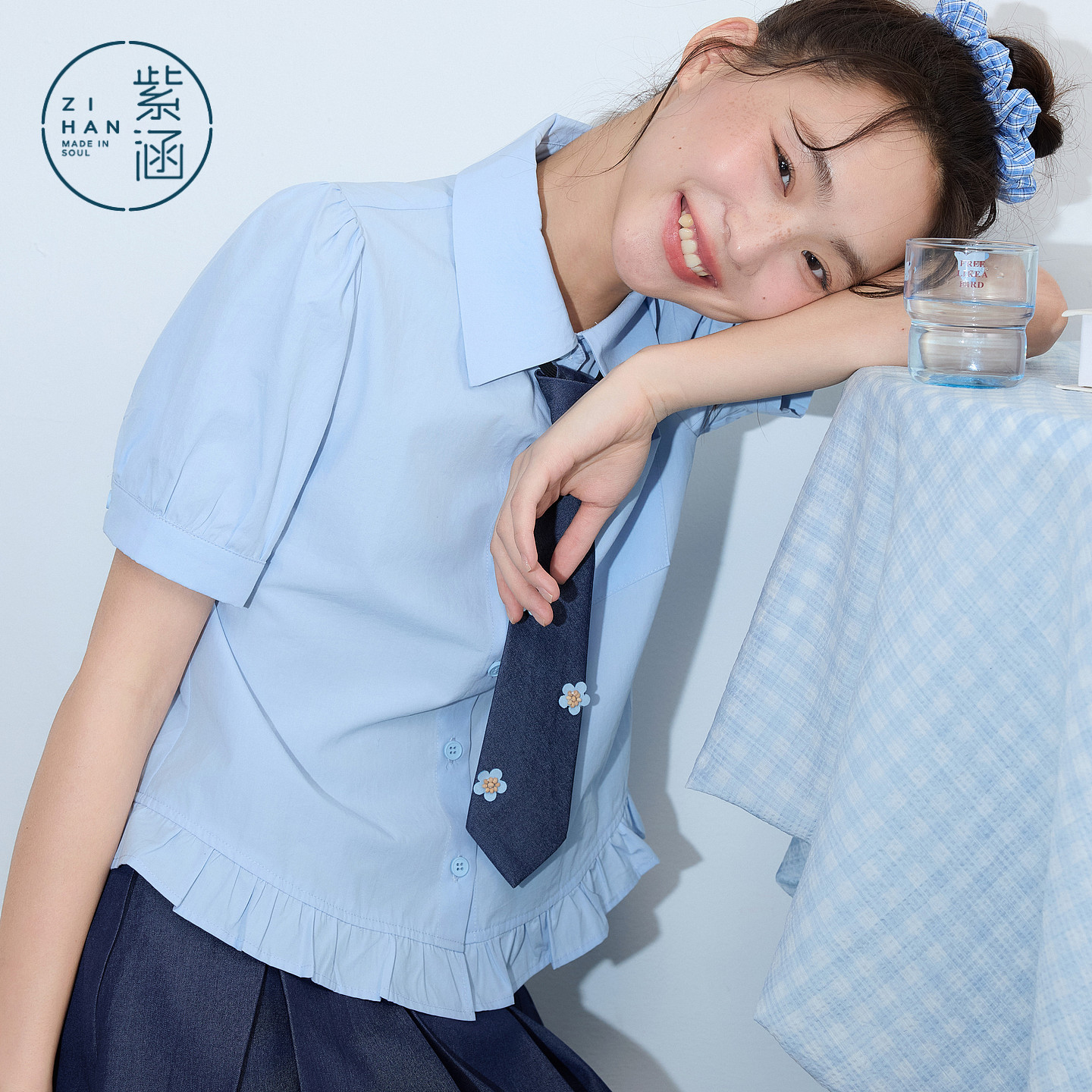 紫涵学院风蓝色短袖领带衬衫a字百褶短裙两件套装女2026夏季新款