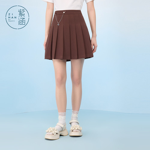 紫涵咖色腰链百褶短裙女士夏季新款少女高腰显瘦小个子a字半身裙