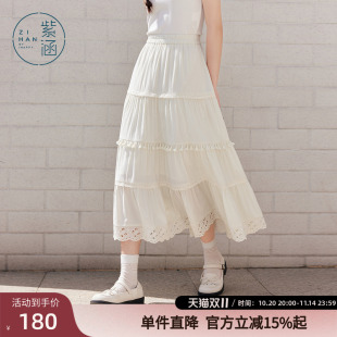 紫涵清新小白裙2025年夏季 镂空花边拼接松紧腰中长裙a字裙女 新款