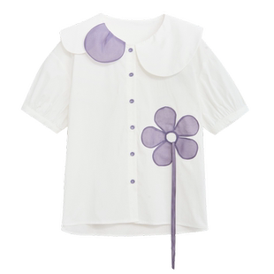 紫涵娃娃领短袖衬衫女夏季新款甜美风减龄休闲设计感花朵宽松衬衣