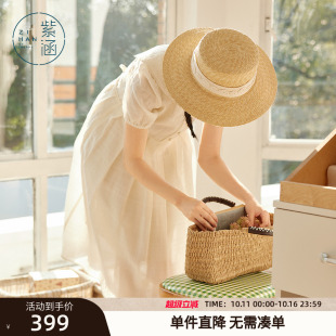 法式 新款 温柔甜美收腰a字裙 连衣裙女2025年夏季 紫涵娃娃领泡泡袖