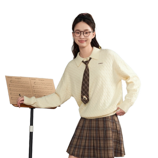 紫涵POLO领套头针织衫女秋季新款学院风休闲麻花肌理宽松长袖毛衣