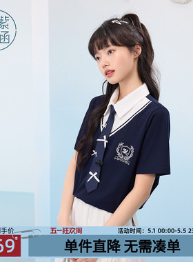 紫涵学院风polo衫短袖T恤女夏季新款撞色短款上衣配送蝴蝶结领带