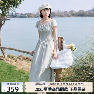 紫涵方领系绳连衣裙女2025夏季 a字长裙 新款 甜美打揽收腰显瘦短袖