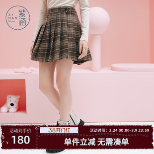 紫涵学院风短款百褶裙女冬季新款复古咖格短裙休闲收腰显瘦a字裙